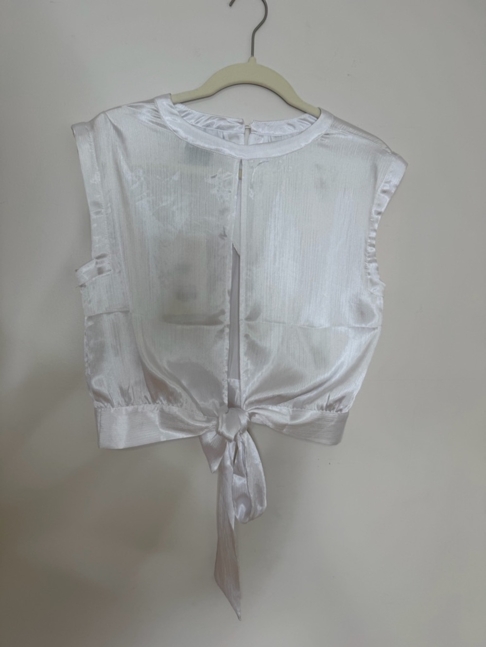 Tie-Front Satin Crop Sleeveless Top in White